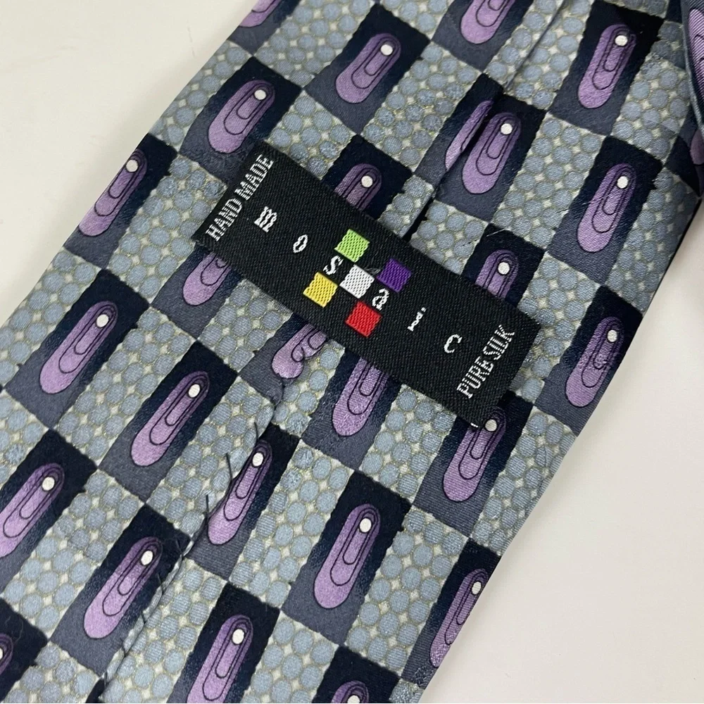 Mosaic Mens Tie Necktie Purple Blue Pattern Pure Silk Hand Made